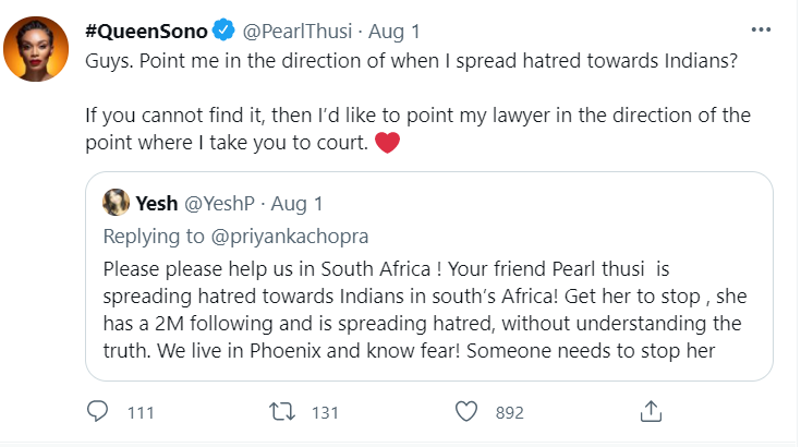 Pearl Thusi Screenshot/ Twitter
