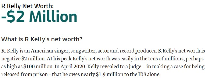 R Kelly Net worth -$2 million according to Celebrity Net Worth