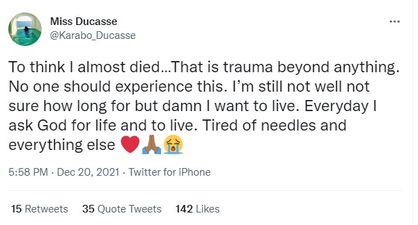 Miss Ducasse tweets about a near death experience