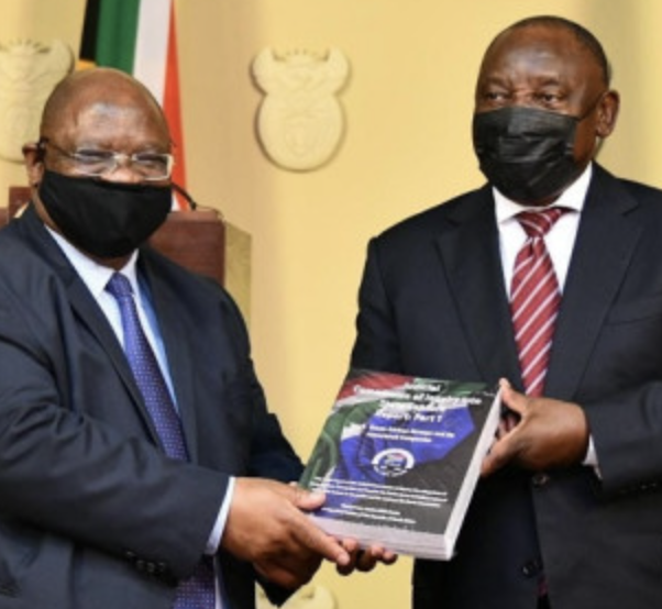 Acting Chief Justice Raymond Zondo and President Cyril Ramaphosa with State Capture Report Part 1