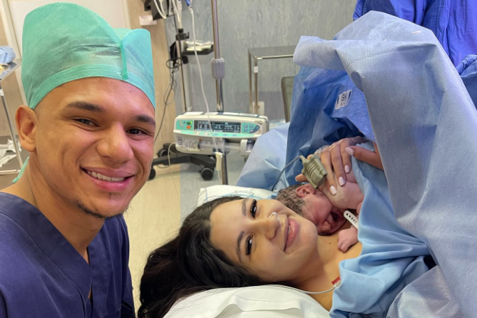 Herschel Jantjies and his partner celebrate the arrival of their bundle of joy