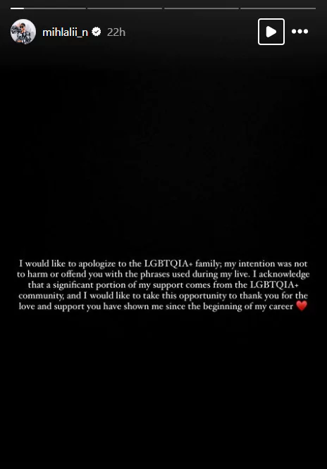 Mihlali apologises