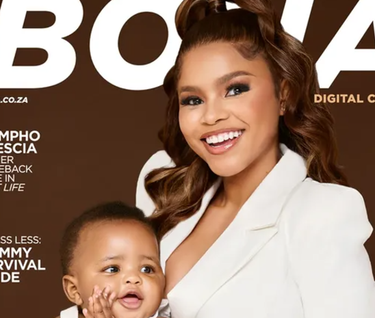 Khanya Mkangisa and her baby grace the cover of Bona Magazine