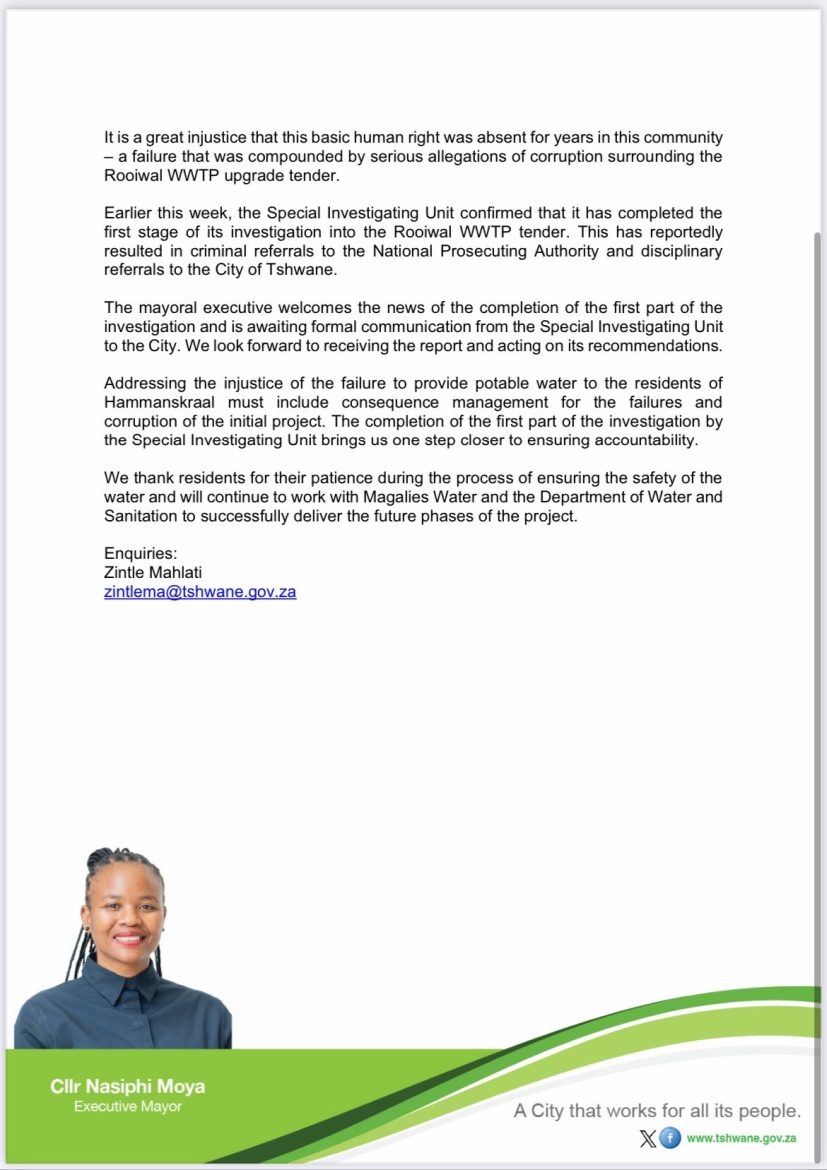 City of Tshwane confirms the safety of water supplied to some areas in Hammanskraal