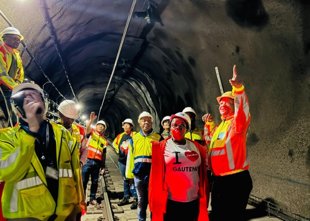 Gautrain staff evaluating damage inside the tunnel