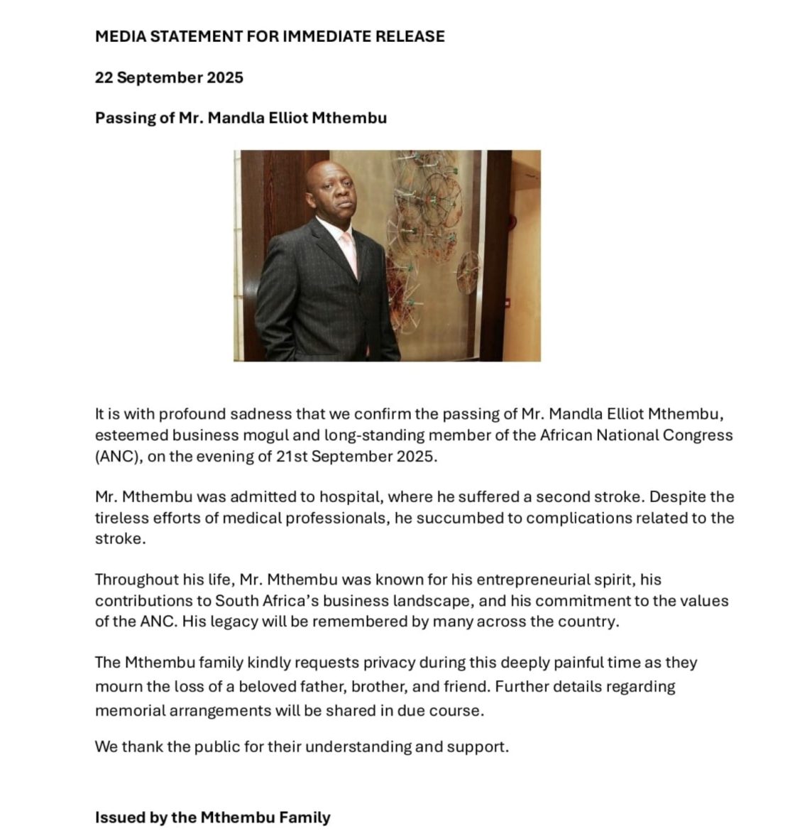 Businessman Mandla Mthembu dies at 68