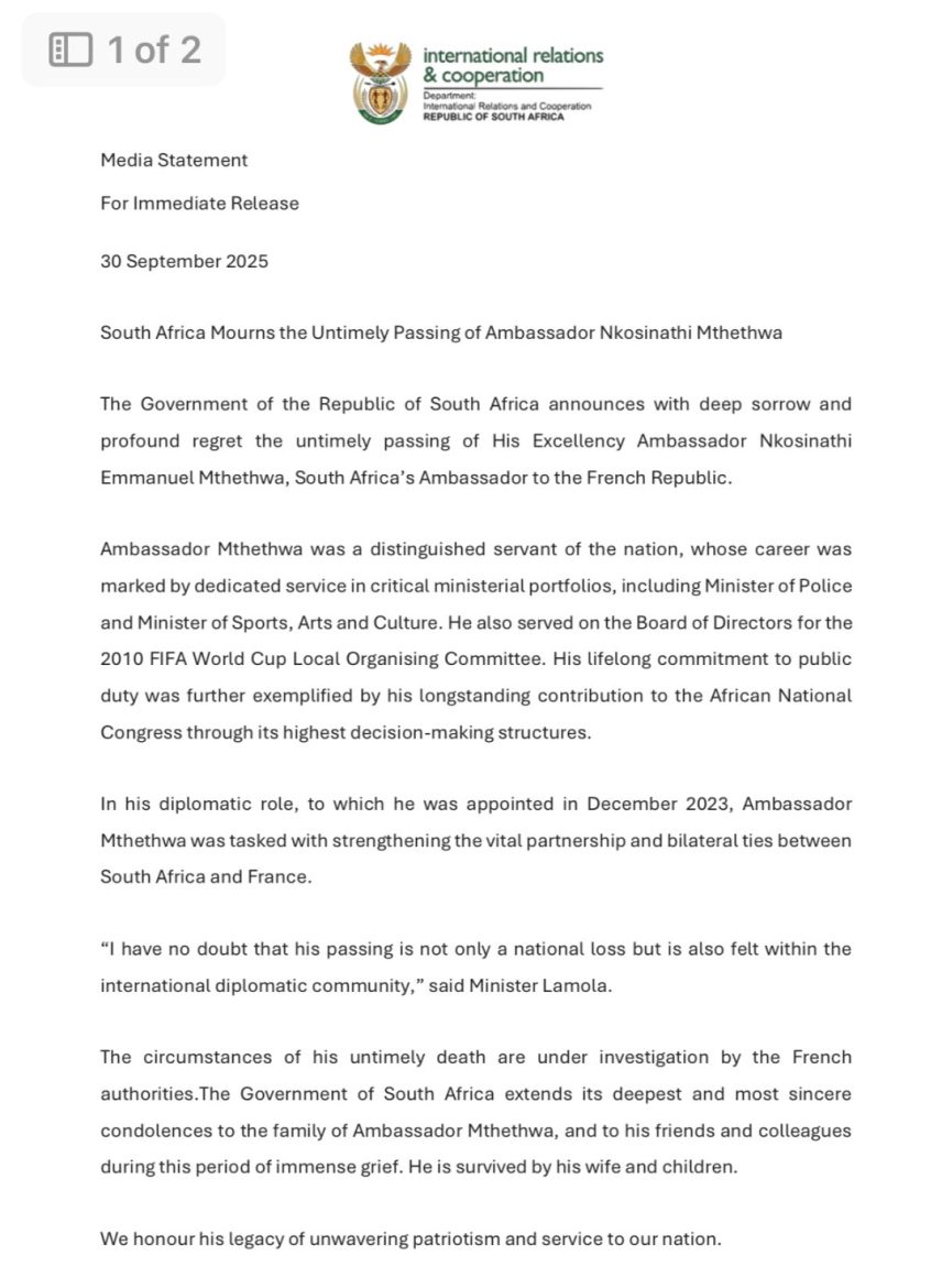 SA government confirms the death of Nathi Mthethwa ambassador to France