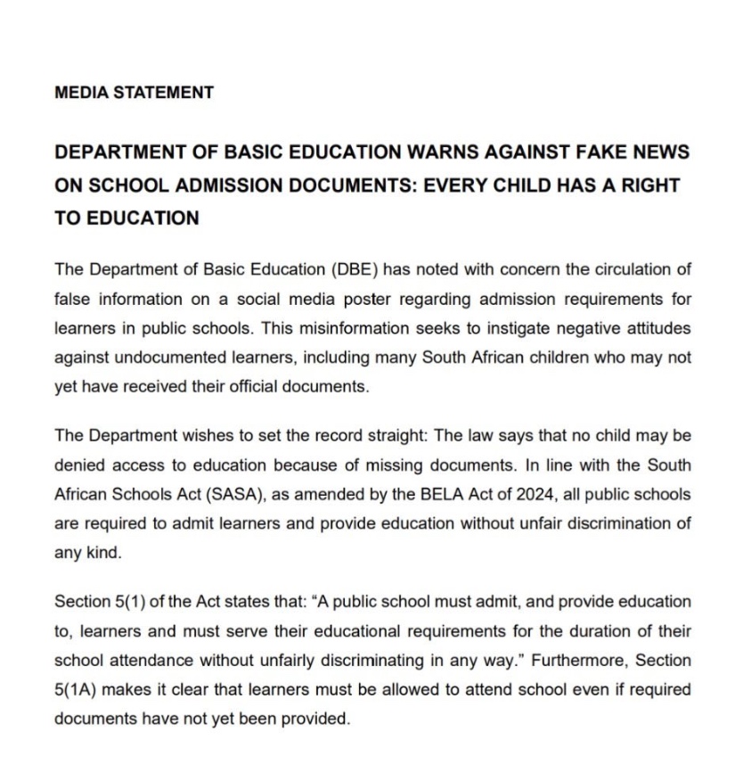Department of Basic Education: Law demands schools admit undocumented learners